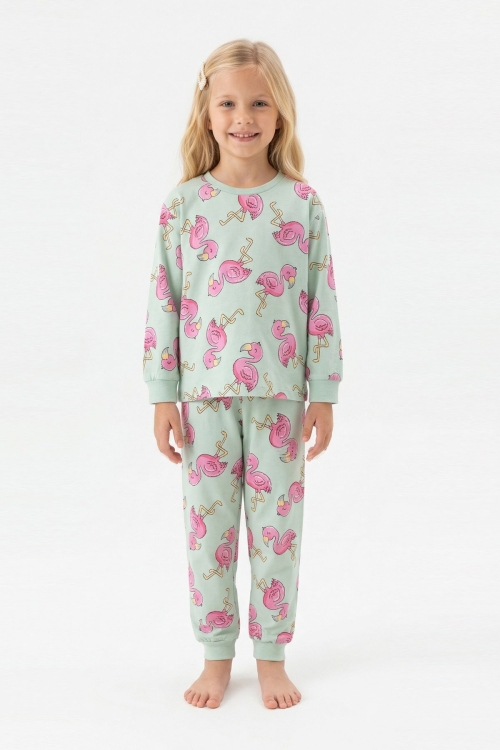 Kız Çocuk %100 Pamuk ve Filamingo Desenli Pijama Takımı 3-8 Yaş 12744IS