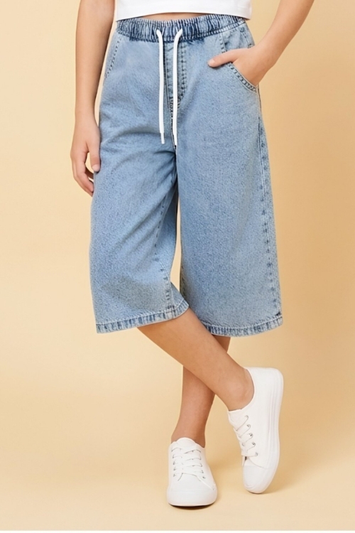 Kız Çocuk Beli Lastikli Ve Kordonlu Kapri Jean Pantolon 5-15 Yaş 12719SK