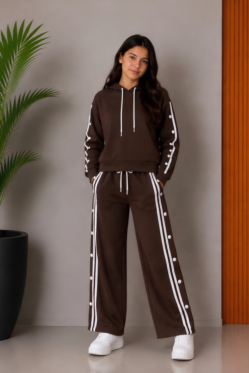 Kız Çocuk Çıtçıtlı+Kapüşonlu+Double Face Kumaş Alt-Üst Takım 5-15 Yaş 12765SK