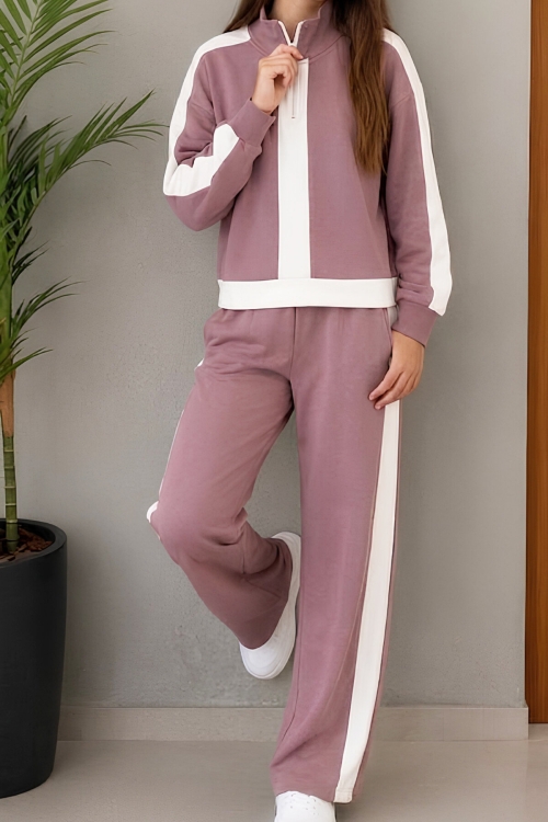 Kız Çocuk Double Face Kumaş Yarım Fermuarlı Ve Şerit Detaylı Alt-Üst Takım 12766SK
