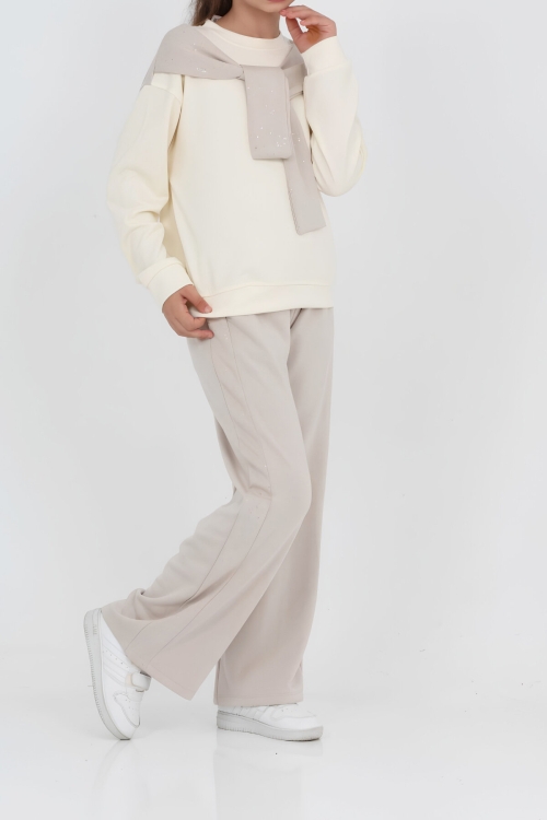Kız Çocuk Sim Fularlı+Double Face Kumaş Alt-Üst Takım 7-12 Yaş 12776BLT