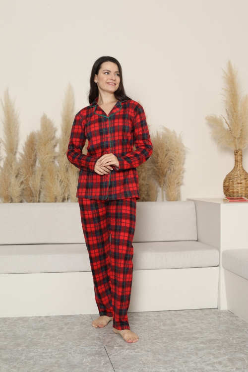 Kadın Pijama Takımı-Ekose Desenli - Pat Yakalı-Düğmeli 12283