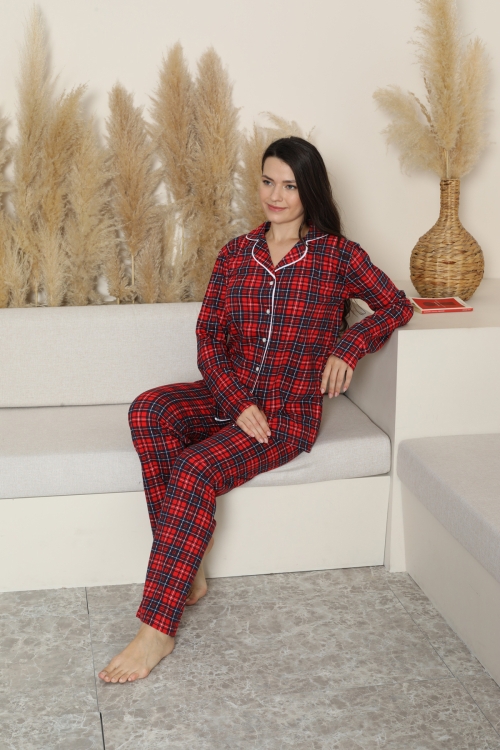 Kadın Pijama Takımı-Ekose Desenli - Pat Yakalı-Düğmeli 12284