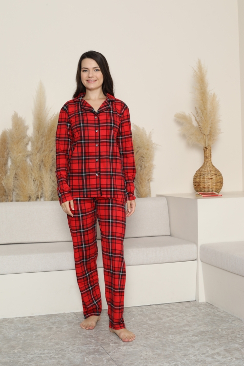 Kadın Pijama Takımı-Ekose Desenli - Pat Yakalı-Düğmeli 12285