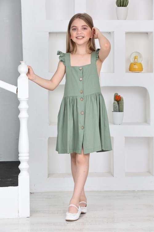 Kız Çocuk %100 Pamuk Keten Elbise 12197