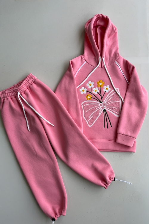 Kız Çocuk 3 iplik Kapüşonlu Nakış ve Taş Baskılı Paça Sıkma Aparatlı Alt-Üst Takım 12310