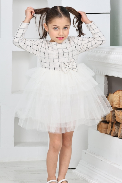 Kız Çocuk Çift Kat Tüllü ve Fiyonklu Elbise 12172