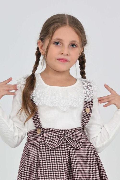 Kız Çocuk Dantel Yakalı Salopet Askılı Kazayağı Desenli 2li Elbise 12304