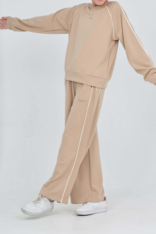 Kız Çocuk Double Face Kumaş Şerit Detaylı Alt-Üst Takım 12303