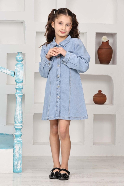 Kız Çocuk Gömlek Yakalı Jean Elbise 12171