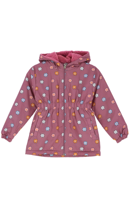 Kız Çocuk İçi Peluş Astarlı-Desenli-Kapüşonlu-Beli Lastikli Mont 12363