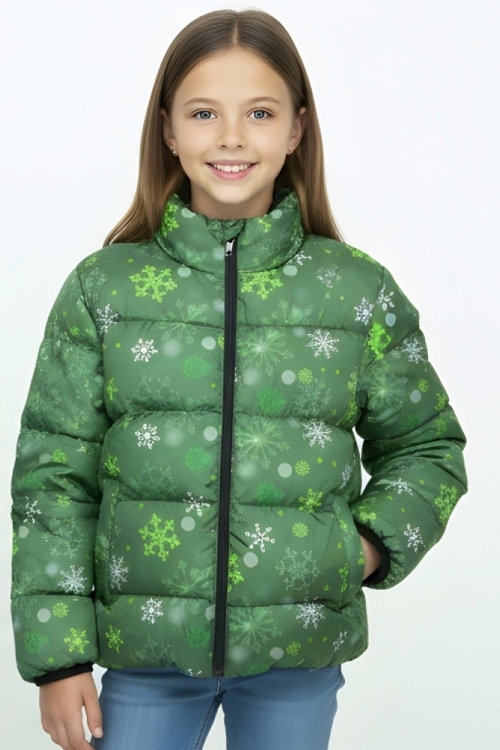 Kız Çocuk İçi Polar Astarlı-Desenli-Kapüşonlu-Fermuarlı Mont 12362