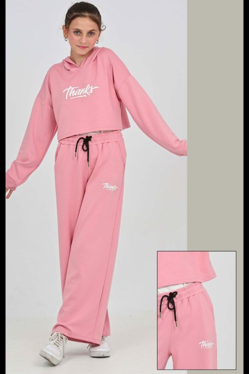 Kız Çocuk Oysho Kumaş Crop Tarz Kapüşonlu Geniş Paçalı Alt-Üst Takım 12295