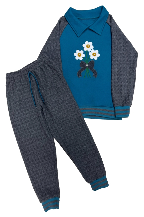 Kız Çocuk Papatya Nakışlı Ribana Detaylı 3 İplik Alt- Üst Takım 12322