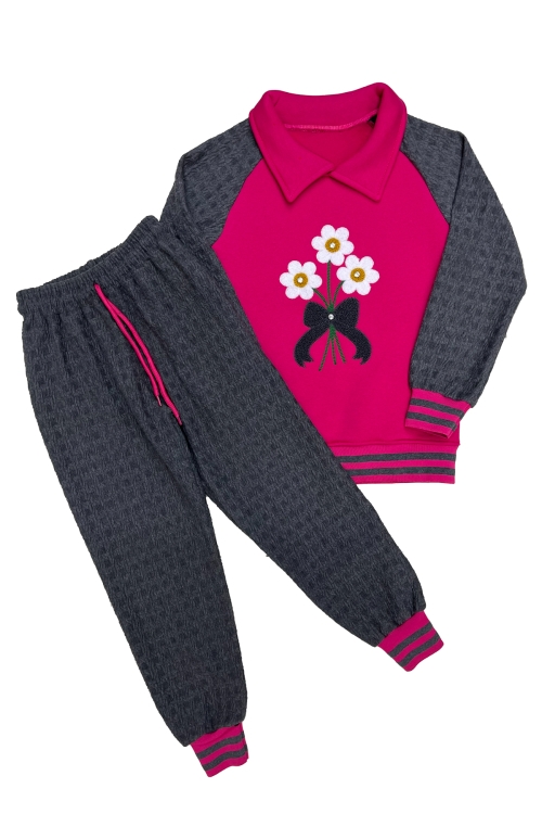Kız Çocuk Papatya Nakışlı Ribana Detaylı 3 İplik Alt- Üst Takım 12322