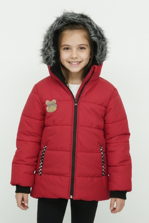 Kız Çocuk Peluş Astarlı - Fermuar Kapatmalı-Kürklü Kapüşonlu Mont 12357