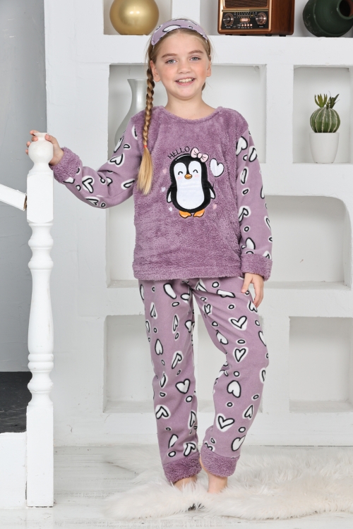 Kız Çocuk Welsoft Kumaş-Göz Bantlı Penguenli Pijama Takımı 12281