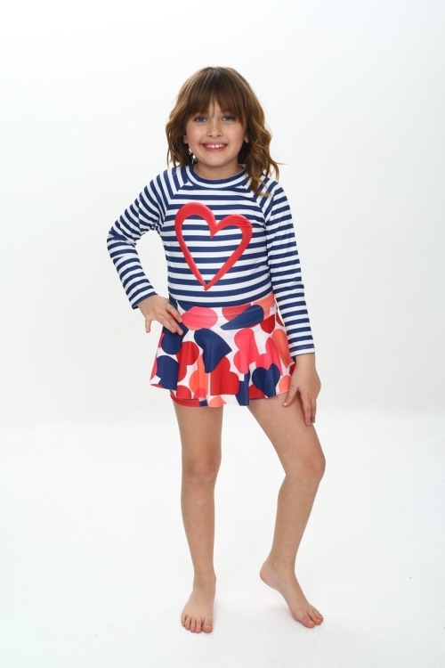 Kız Çocuk Şort Etekli Uzun Kollu Mayo Takımı 3-10 Yaş 12228