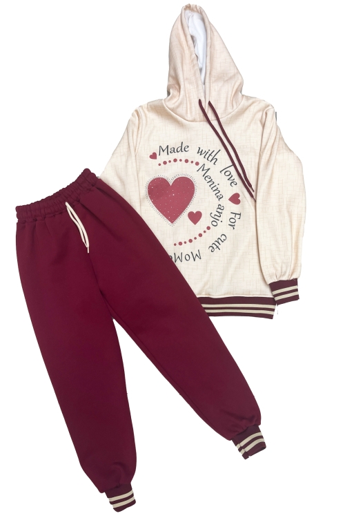 Kız Çocuk Taş Süslemeli Kapüşonlu Ribana Detaylı 3 İplik Alt-Üst Takım 12338