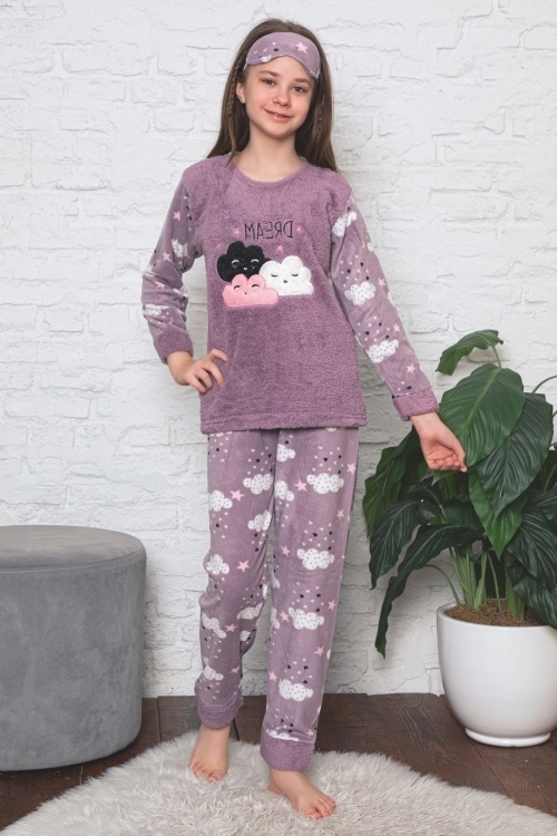 Kız Çocuk Welsoft Kumaş-Göz Bantlı Bulut Baskılı Pijama Takımı 12298