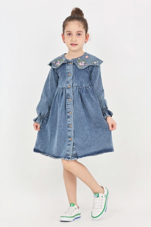 Kız Çocuk Yaka Detaylı ve Boydan Düğmeli Jean Elbise 12339