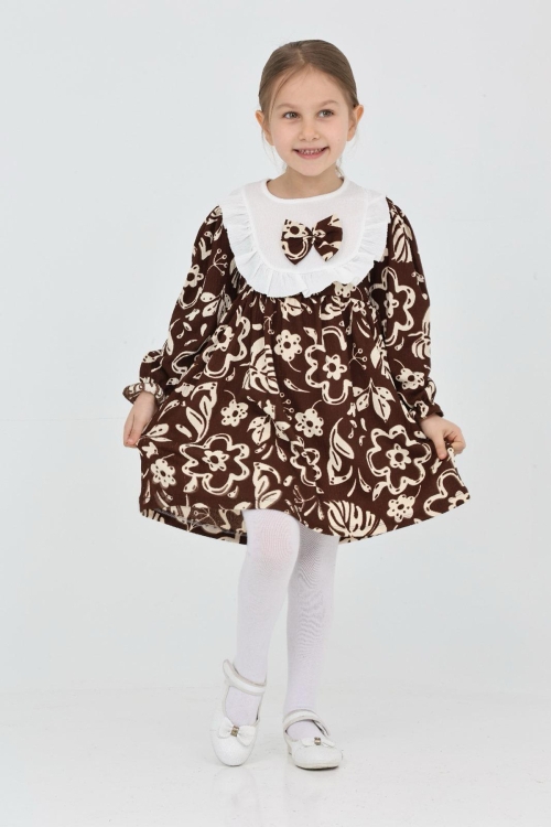 Kız Çocuk Yaka ve Fiyonk Detaylı Çiçek Desenli Bürümcük Elbise 12187