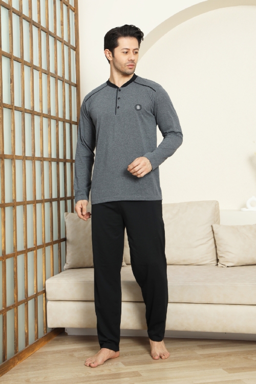 Erkek %100 Pamuklu Pijama Takımı-3 Düğmeli-12440