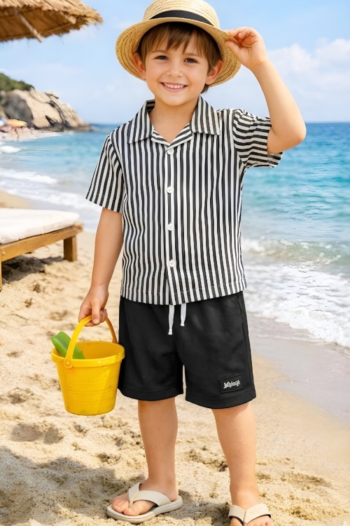 Erkek Çocuk Alt-Üst Takım (Waffle Gömlek+Ottoman Şort) 3-12 Yaş 12569HC