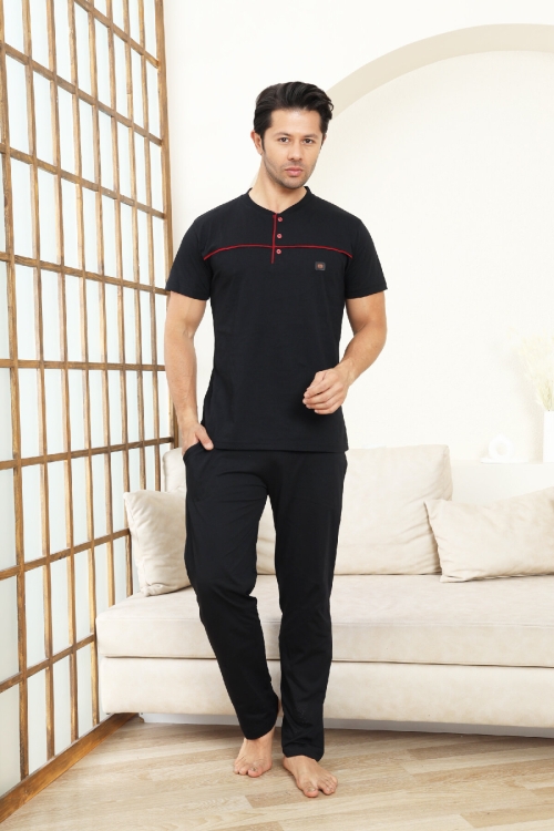 Erkek Pijama Takımı -%100 Pamuk -3 Düğmeli-Yaka Roba Biyeli 12608