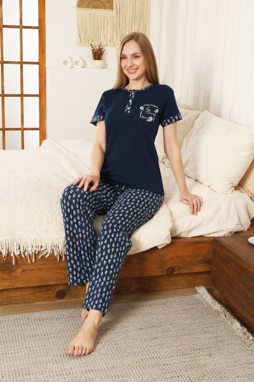 Kadın Pijama Takımı-Pamuk Penye Kumaş-3 Düğmeli 12607