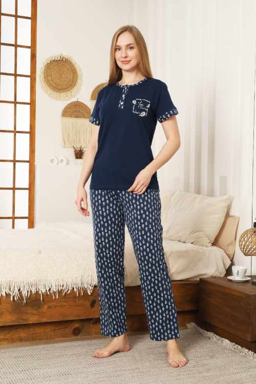 Kadın Pijama Takımı-Pamuk Penye Kumaş-3 Düğmeli 12607