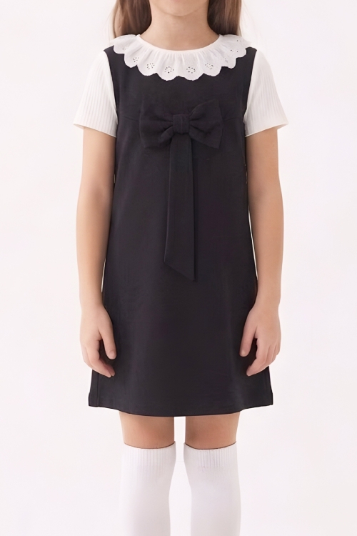 Kız Çocuk 2li Elbise (Double Face Kumaş Elbise+Nakış Yakalı Bluz) 4-9 Yaş 12563