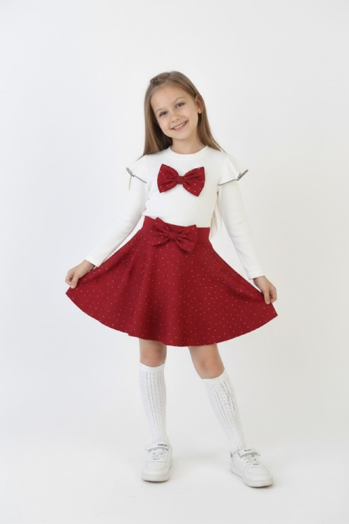 Kız Çocuk 2li Elbise Taş Süslemeli Etek+Omuz Detaylı ve Fiyonklu Bluz 4-9 Yaş 12503