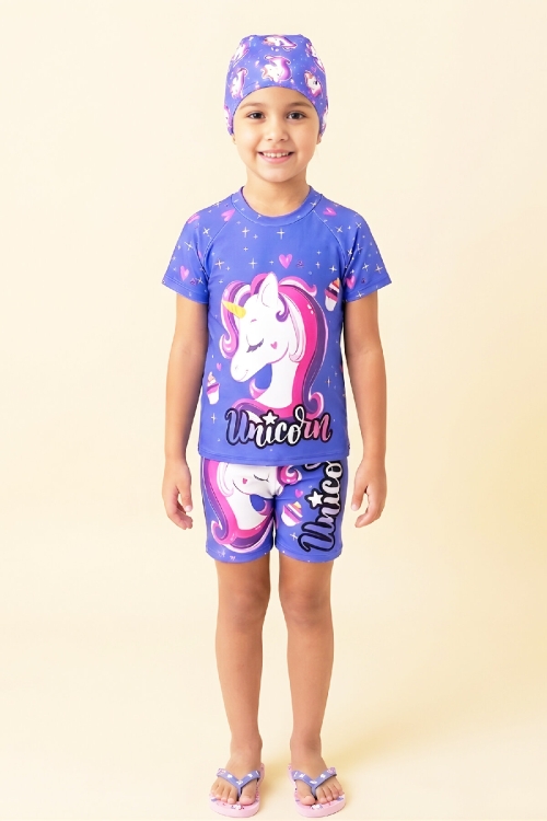 Kız Çocuk 3lü Mayo Takımı (Şort+Üst+Bone) 2-8 Yaş 12585N