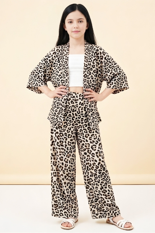 Kız Çocuk 3lü Takım -Rotasyon  Desenli Ceket+Pantolon+Badi 5-14 Yaş 12579HC