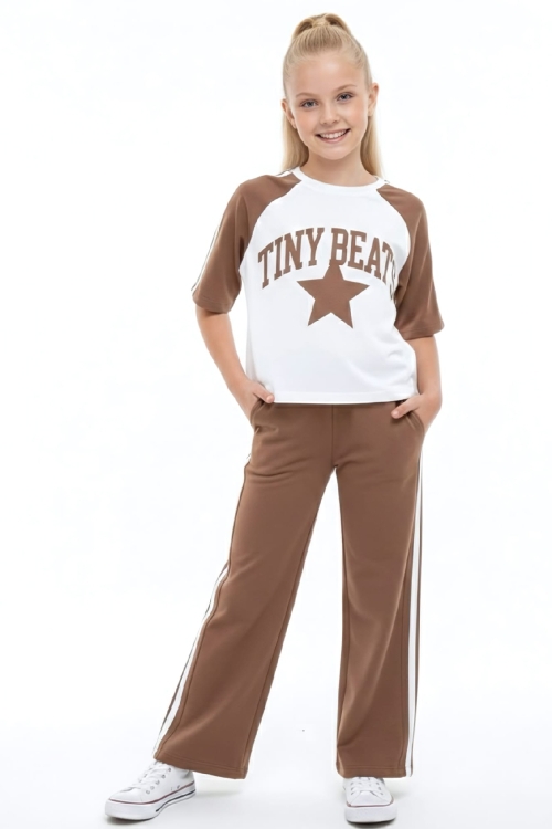Kız Çocuk Alt-Üst Takım-Garni ve Biye Detaylı -Yazı Baskılı 4-12 Yaş 12549