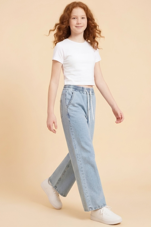 Kız Çocuk Beli Lastikli ve Kordonlu Geniş Kesim Jean Pantolon 7-15 Yaş 12679SK
