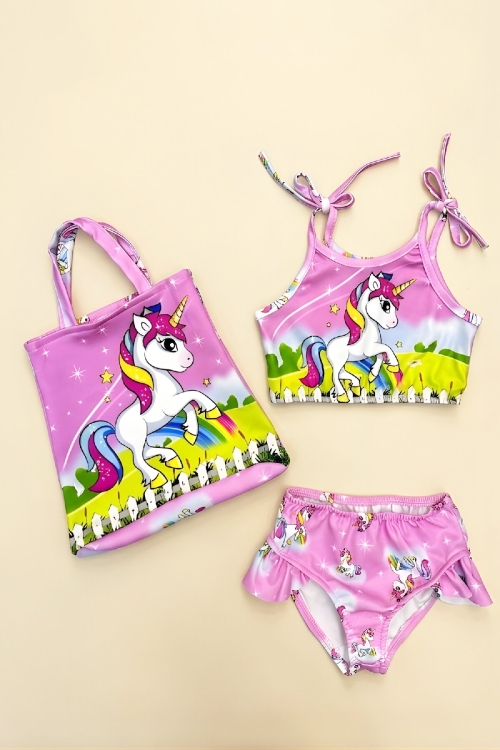 Kız Çocuk Çantalı 3lü Mayo Takımı (Çanta+Mayo+Bikini) 3-10 Yaş 12586N