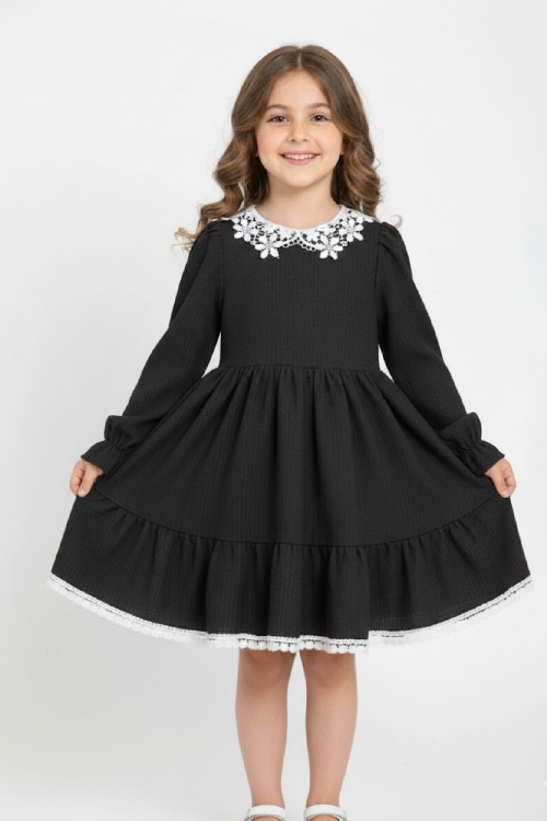 Kız Çocuk Elbise -Bürümcük Kumaş-Yaka ve Etek Uçları Nakış Detaylı 4-9 Yaş 12516