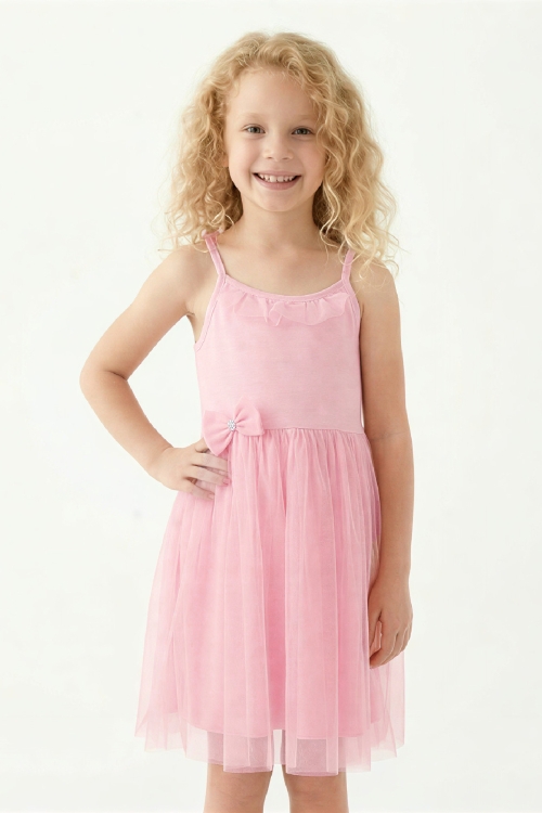 Kız Çocuk Elbise -Tüllü ve Süsleme Detaylı-Askılı Kollu- 4-8 Yaş 12536