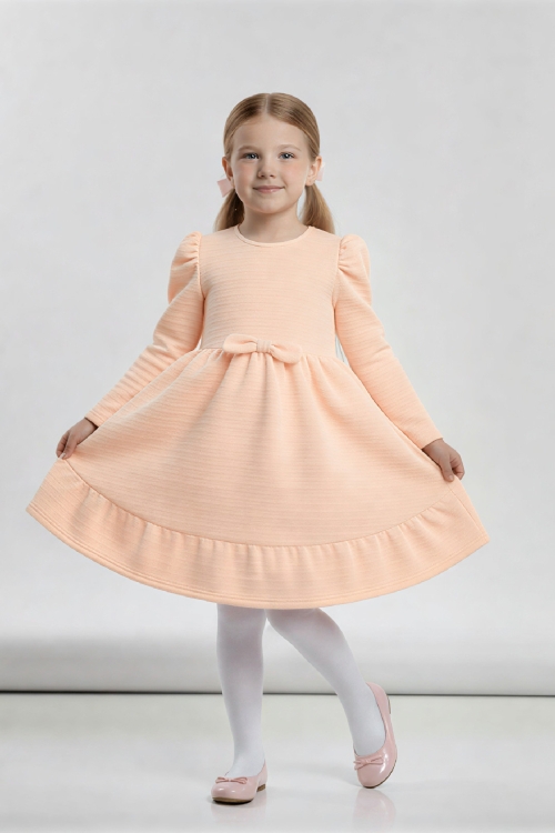 Kız Çocuk Elbise -Vatka Omuzlu-Fiyonk Detaylı 2-10 Yaş 12530