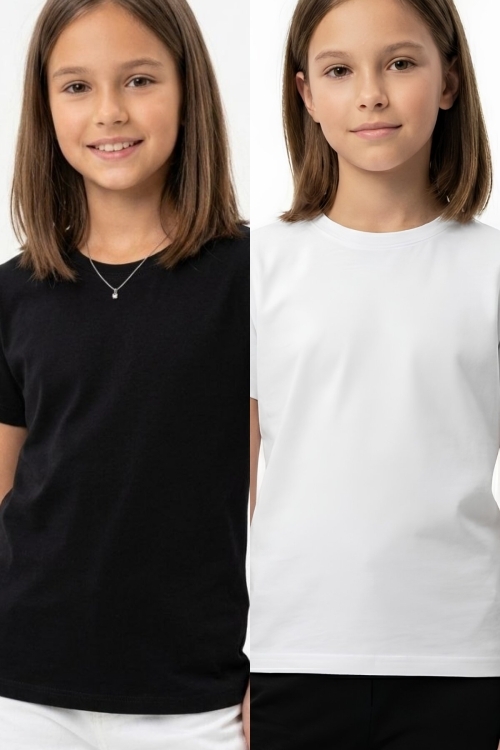 Kız Çocuk 2li T-Shirt Geniş Kalıp ve Basic 6-14 Yaş 12692DS
