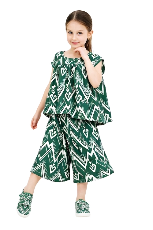 Kız Çocuk Geniş Kaprili ve Desen Detaylı Alt-Üst Takım 2-12 Yaş 12578HC