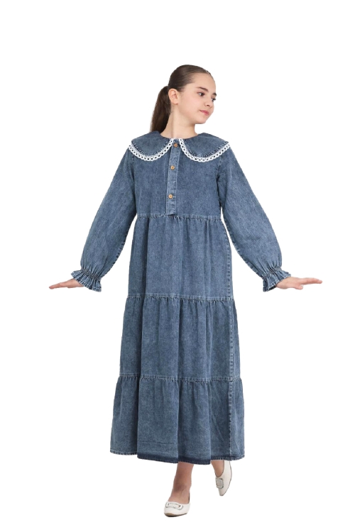 Kız Çocuk Geniş Yakalı ve Yaka Uçları Dantel Detaylı Uzun Jean Elbise 12468