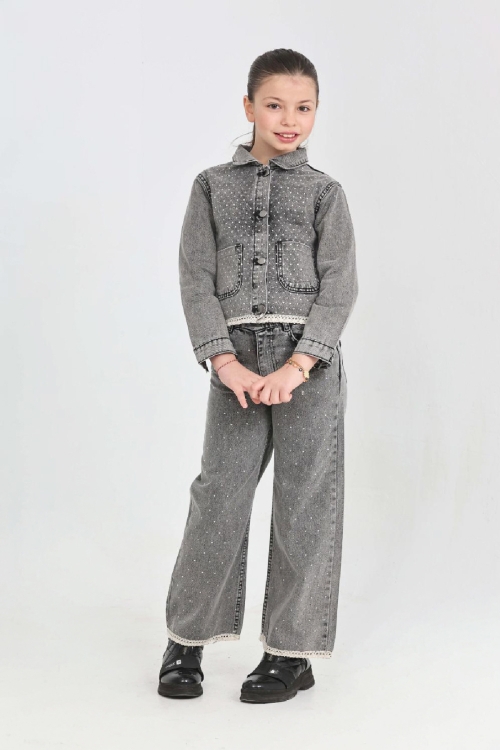 Kız Çocuk Jean Takım-Taş Süslemeli ve Nakış Detaylı 2-12 Yaş 12507
