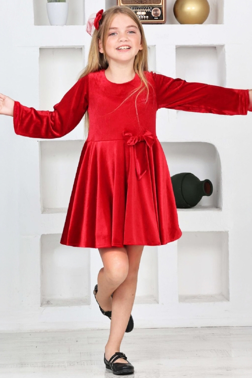 Kız Çocuk Kadife Elbise-İçi Tüllü ve Fiyonk Süslemeli 7-12 Yaş 12427