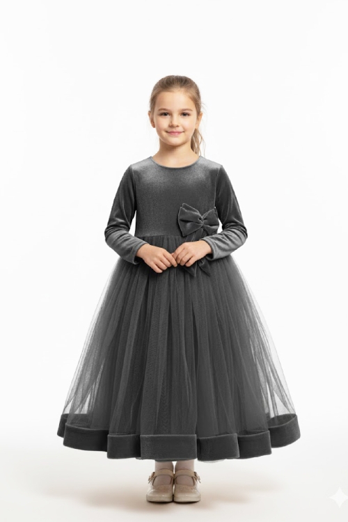 Kız Çocuk Kadife Elbise-Tül Detaylı-Fiyonk Süslemeli 7-12 Yaş 12441