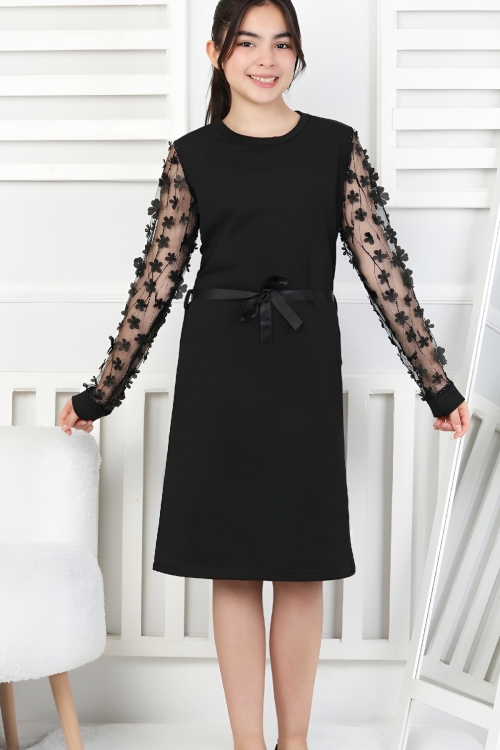 Kız Çocuk Kolları Tüllü ve Yonca+ Taş Süslemeli Elbise 9-15 Yaş 12565