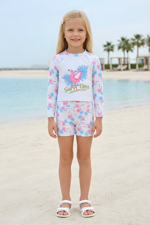 Kız Çocuk Mayo Takımı-Uzun Kollu ve Slip Şortlu 2-8 Yaş 12623B