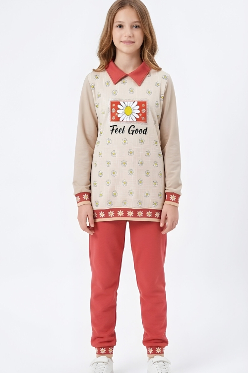 Kız Çocuk Papatya Baskılı Taş Süslemeli 3 İplik  Alt Üst Takım 12324